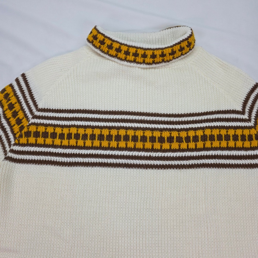 Vintage Glamour Knit Turtleneck Sweater Sz Medium White Yellow Brown Geometri‎